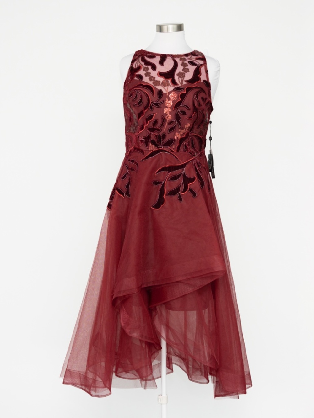 Adrianna Papell - Velvet Appliqué High-Low Tulle Dress